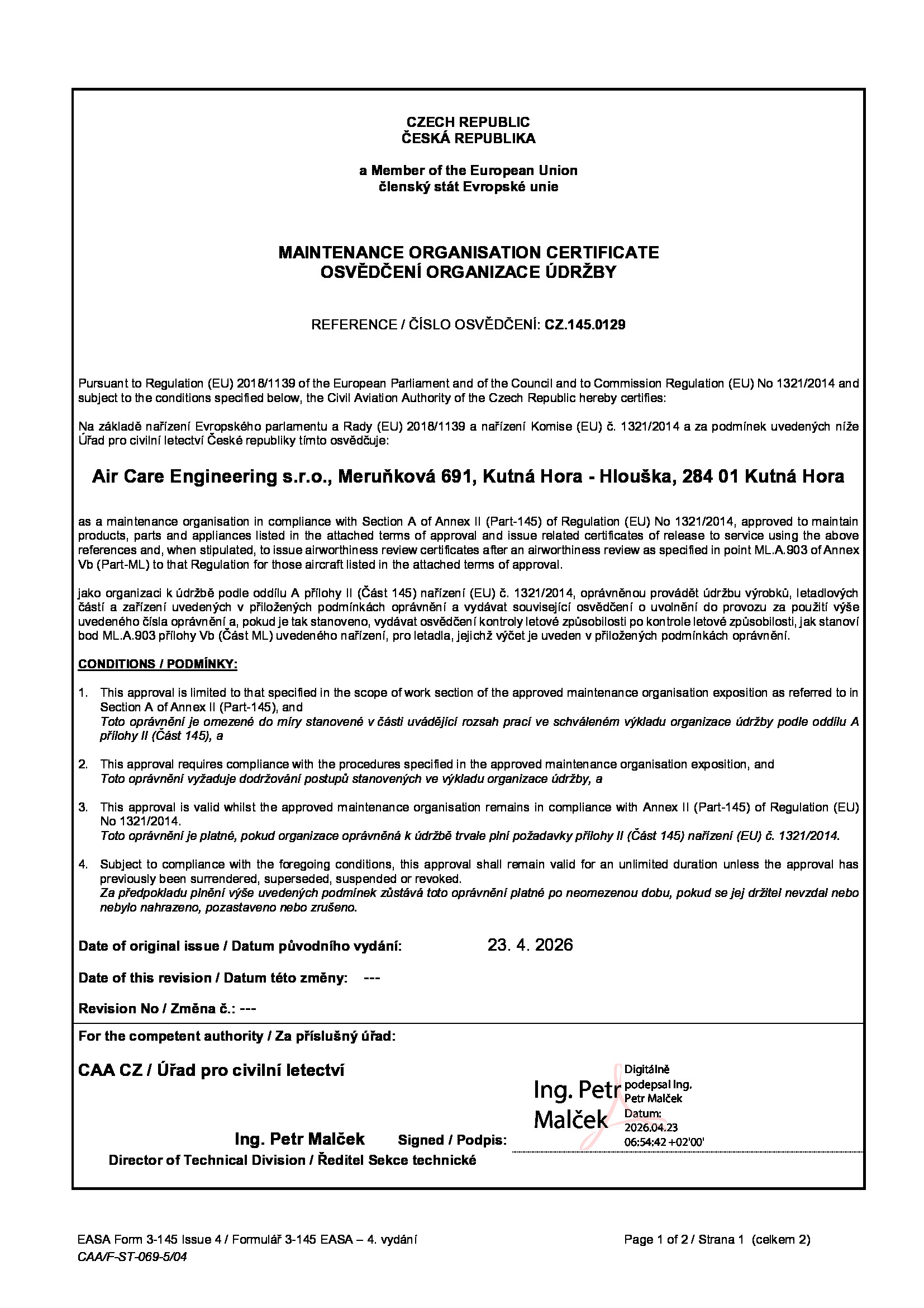 EASA Part-145 Certificate CZ.145.0129 — page 1